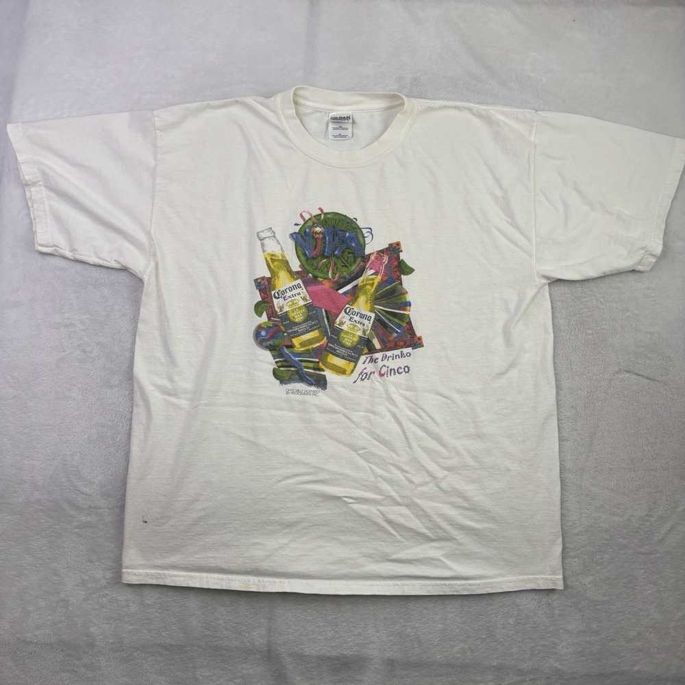 VTG Gildan Corona Extra Cinco De Mayo Graphic White Short Sleeve Shirt Men's XL